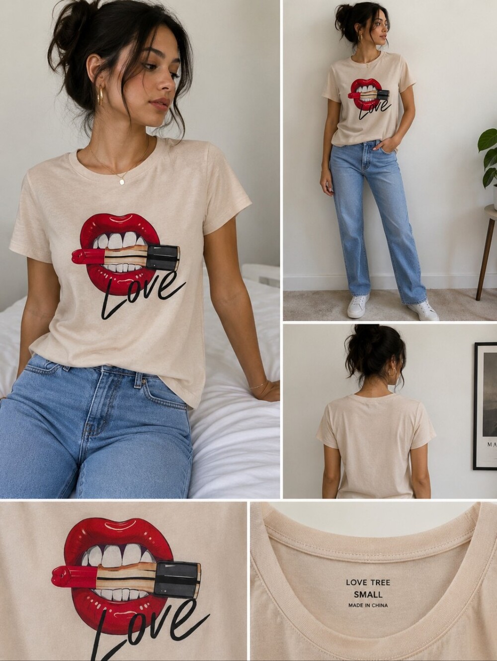 Graphic Red Lips White Short Sleeve T-Shirt Shein Size M
